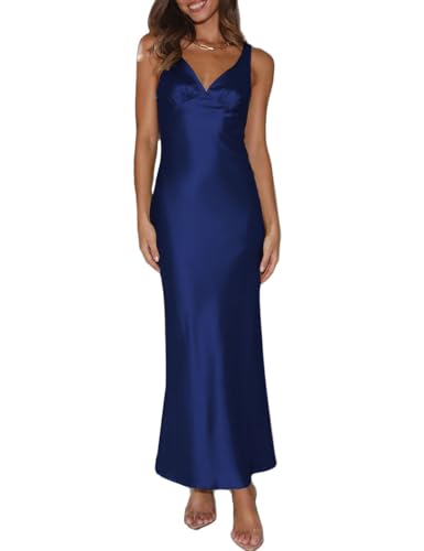Image of VUBIYA Women's Summer Satin V Neck Backless Maxi Dress Wedding Guest | Open Back Tie-Back, Low Back Sleeveless, Formal Bridesmaid, Elegant Cocktail, Vacation Beach, Date Night and Party