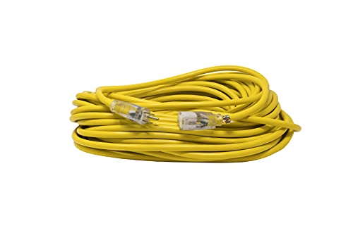 Woods 992555 12-Gauge Extra Heavy Duty 100 ft, Yellow 3 Prong Outdoor Extension Cord Clip, Water Resistant, Reinforced Blades, SJTW High Visibility Vinyl Jacket, Foot