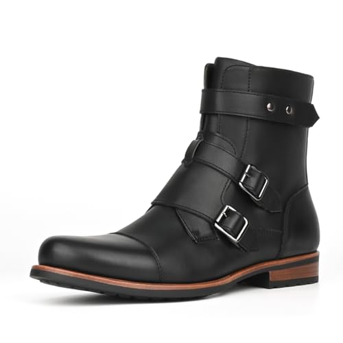 WEOOAR Men's Motorcycle Combat Boots Zipper Fashion Biker Boot Casual Boots for Men (Black, 8)