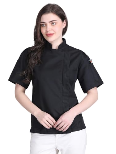 Short Sleeves Zipper Chef Coat Jacket Uniform for women with Side Mesh ideal for Caterers and Culinary professional (Black, Medium)
