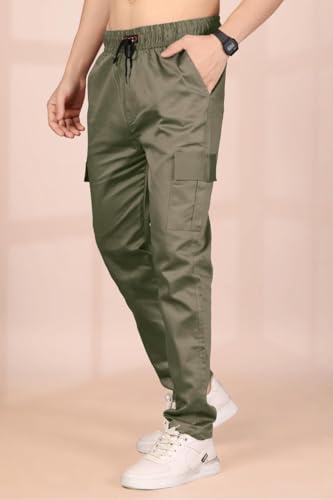Image of Men's Solid Cargo Jogger Pants with Elastic Waistband & Side Utility Pockets