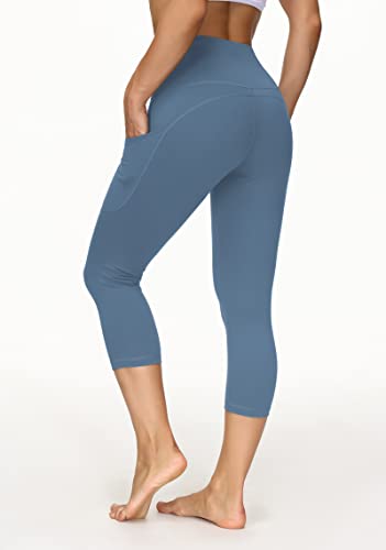Image of THE GYM PEOPLE Thick High Waist Capris Yoga Pants with Pockets, Tummy Control Workout Running Yoga Leggings for Women