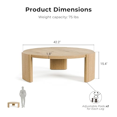 Furniture of America Carys Modern Solid Wood 42-inch Round Coffee Table with Plinth Base, Living Room Furniture for Small Space, Home Office, Oak - Thumbnail 2