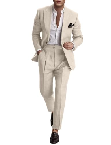 Linen Suit for Men 2 Pieces Summer Casual Suits Slim Fit Groomsmen Tuxedos Beach Wedding Party Blazer Pants Set, Beige, XS