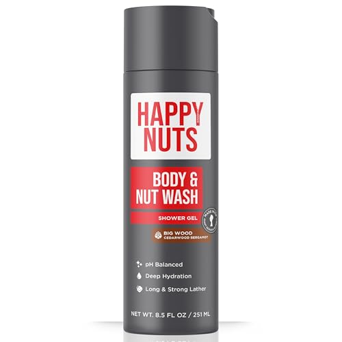 HAPPY NUTS Big Wood Body and Nut Wash - Moisturizing Mens Shower Gel Natural Bodywash with Deep Cleanse for Sensitive Skin - Mens Body Soap (8.5 Fl Oz (Pack of 1) Big Wood)