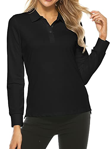 Ajezmax Womens Golf Tennis Polo Shirts Long Sleeve Sun Protection Quick Dry Lightweight Casual Button Sports Athletic Tops Black Small #TOP1