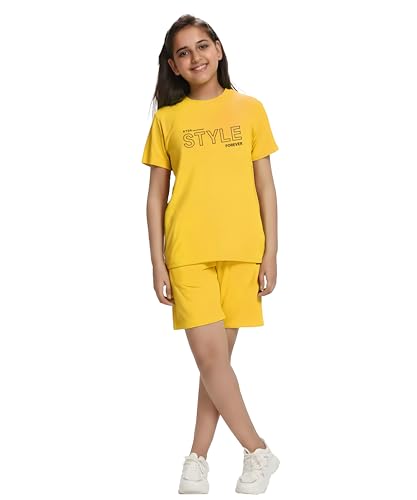 Image of KYDA KIDS Girls 100% Cotton Bio Washed Printed T-Shirt and Shorts Co-ords Clothing Set | Premium Soft & Breathable Summer Casual Comfort Outfit for Girls