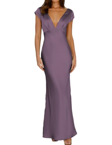 Image of Halfisland Womens Summer Satin V Neck Cap Sleeve Midi Dress Wedding Guest | 2026 Summer,Backless,Hollow Out,Long,Formal,Cocktail,Twist,Bridesmaid,Party,Baby Shower,Short Sleeve,Beach,Elegant,Evening