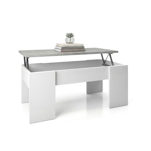 duehome | Mesa de Centro Elevable, Mesita de Salón o Comedor, Modelo Vita, Acabado en Color Blanco Artik y Cemento, Medidas: 100 cm (Largo) x 50 cm (Ancho) x 45 56 cm (Alto)