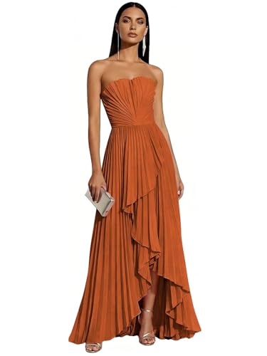 YouHaozhai Strapless Bridesmaid Dresses for Women 2026 Hi-Lo Pleated Satin Formal Wedding Guest Dress Burnt Orange for Evening Party US8