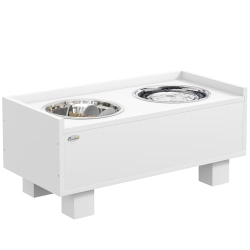 PawHut Hundenapf erhöht, Höhenverstellbar Futternapf für Hunde mit Stauraum, 2 x 1L Edelstahl-Schüsseln, Fressnapf mit Anti-Schling-Matte, für mittelgroße Hunde, Weiß