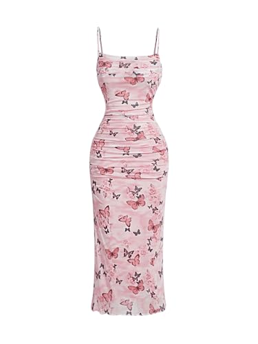 Verdusa Women's Butterfly Bodycon Midi Dress Ruched Backless Cami Long Dresses