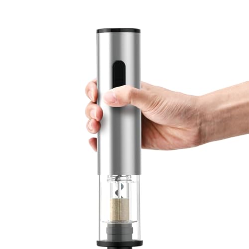 Image of PEIPU Electric Wine Opener Set, Battery Operated 5-in-1 Wine Gifts for Wine Lovers with Storage Base, Foil Cutter, Wine Aerator Pourer & Vacuum Stoppers, Silver
