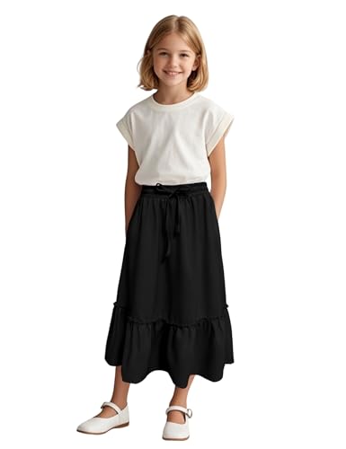 Image of Girls High Waisted Ruffle Maxi Skirt Soft Cotton Long Skirts with Elastic Waistband for Kid Girl 3-12 Years