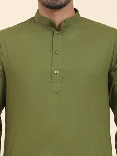 Image of SKAVIJ Mens Cotton Casual Wear Modern Kurta Shirt for Everyday Use Yoga Outfit Olive Green Small