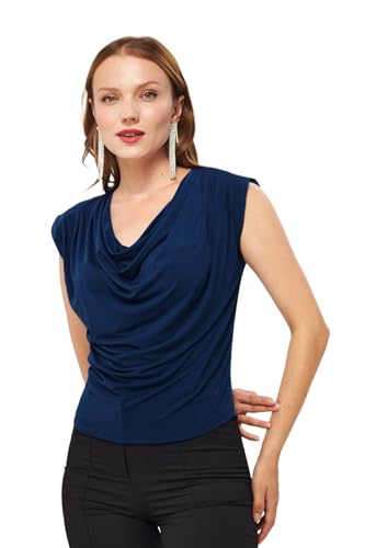 Image of SIGHTBOMB Ultra Soft Afford LUX Edition Draped Cowl Neck FRONTFLOW Gathered Ruched SOFTLINE Sleeveless TOP for Women