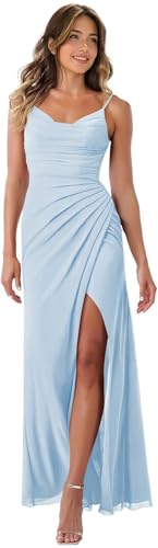 Noras dress Spaghetti Strap Chiffon Bridesmaid Dress with Slit A Line Scoop Neck Long Light Blue 2025 Sleeveless Formal Evening Party Dresses 10