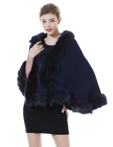 BEAUTELICATE Capa de Abrigo Punto con Chal de Piel Sintética de Conejo Poncho Estola de Pelo Mujer Cardigan de Boda para Fiesta Invierno (Azul Marino)