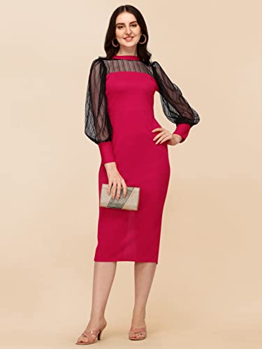 Image of Sheetal Associates Women's Polyester Bodycon Maxi Dress with Net Full Sleeves Round Neck Self Design Pattern and Bodycon Style | Maxi Dress for Women