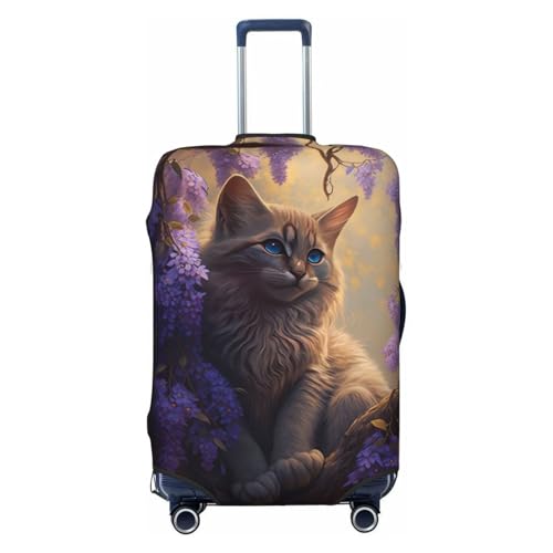 Travel Luggage Cover Protector - Purple Flower Lazy Cat Anti-Scratch Suitcase Covers Fits 18-32 Inch Luggage