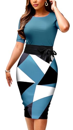 Image of CaniBtr Bodycon Dresses for Women Printed Midi Pencil Work Dress with Belt | Geometric print work dresses for women with belt,lightweight stretch soft fabric,slim midi pencil fit for office,business