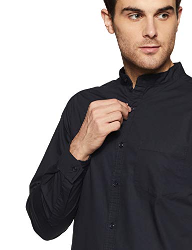 Image of Amazon Brand - Symbol Men's Cotton Shirt | Chinese Collar | Casual | Plain | Full Sleeve | Summer - Regular Fit (Available in Plus Size) (Black + Olive L) (Combo Pack of 2)