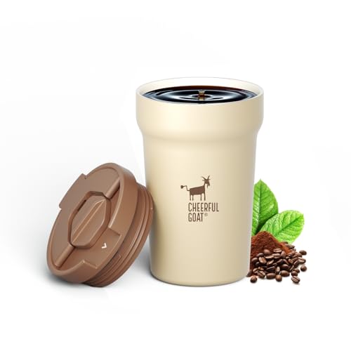 CHEERFUL GOAT Ceramic Lined Coffee Mug – Stainless Steel Travel insulated Tumbler with Ceramic Liner, with lid 12oz Leak Proof Cup for Hot and Cold Water Coffee at Home, Office, or In the Car (Coffee)
