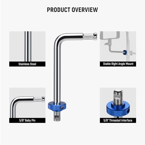 Image of NEEWER Stainless Steel 5 /8 inch Baby Pin Stud Right Angle Grip Arm for 3 or 4 Way Clamp System C Stand Boom Arm Light Stand, 7.5inch Light Mount for LED Video Light Studio Flash, Max Load 22lb /10kg, UA046