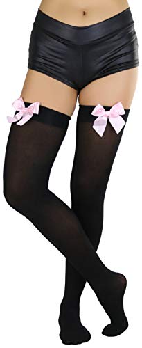 Image of ToBeInStyle Women's Opaque Long Thigh High Stockings w /Decorative Front Satin Bow