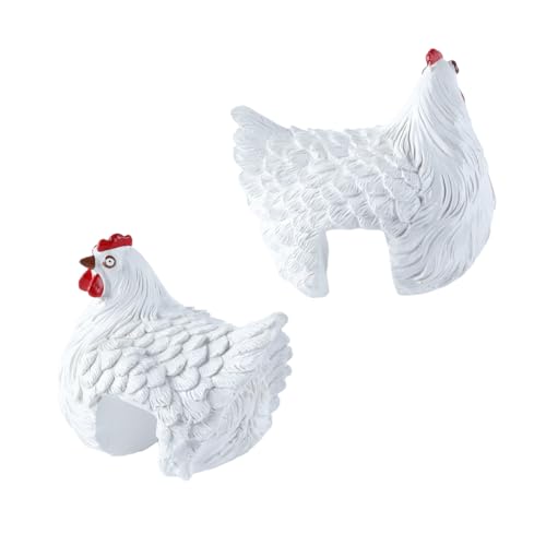 Hoite Taburete decorativo de borde con diseño de gallinas, color blanco, para jardín, altura 14 cm, ideal para balcón o patio.