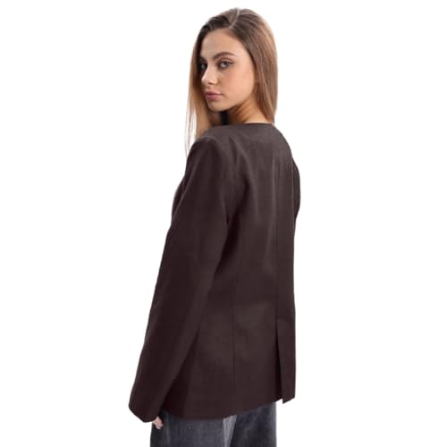Amazhiyu Women's Linen Blend Round Neck Button Up Blazers Long Sleeve Coat Office2