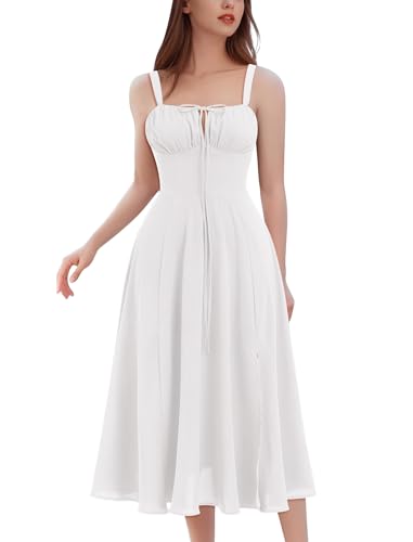 Image of Women Floral Corset Dress 2026 Boho Midi Sundress Summer Dress | Flowy A-Line Dress with Adjustable Spaghetti Straps Lace Up Back Front Slit High Waist for Vacation Wedding Guest