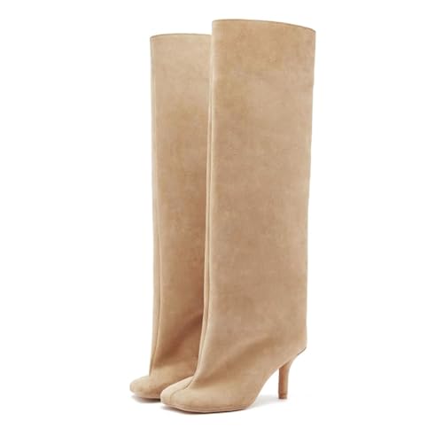 DOBOYG Knee High Boots for Women Suede Thigh High Boots Wide Calf Square Toe Stiletto High Heel Tall Boots
