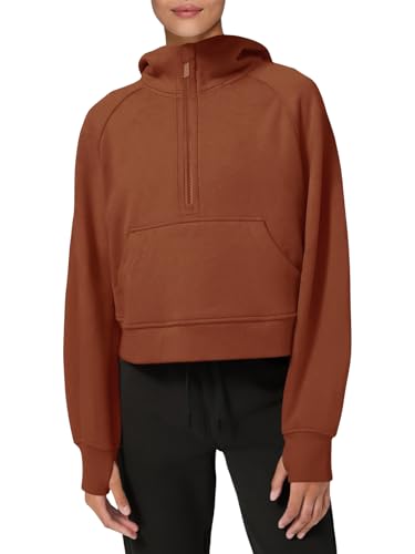 LASLULU Womens Fuzzy Cropped Hoodies Sport Athletic Zip Up Hoodie Stand Collar Sweater Fleece Lined Sweatshirt Long Sleeve Pullover Tops Pockets(Caramel XX-Large)