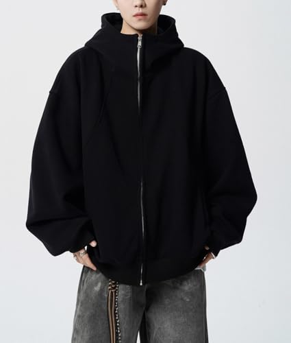 Mens Zip Up Hoodie Baggy Basic Full Zip Solid Color Hoodie Fleece Oversized Sweatshirt Jacket Trendy Sweatshirts 5