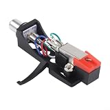 Tonkopf Moving Magnet MM mit Stylus-Halter, OFC-Kabel und vergoldeten Endstücken für LP-Plattenspieler, S-Arm oder gerade, für Tracking-Kraft 1,5-2 g, Schwarz/Rot