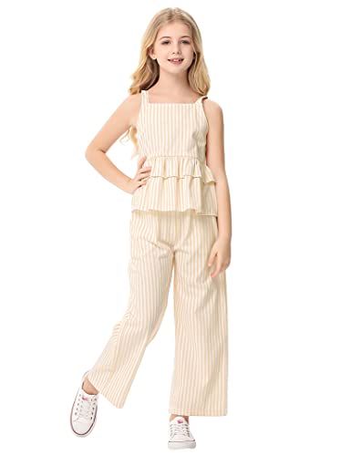 Image of Girl's 2 Piece Striped Outfits Cami Top Wide Leg Pants Ruffle Hem Summer Clothes with 2 Pockets 3-14Y