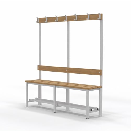 Spacio Banco de Madera Norrköping con Perchero para Vestuarios, Gimnasios, Instalaciones Deportivas. Estructura de Acero. Bancada para Personas en Madera. (1500x1600x350)