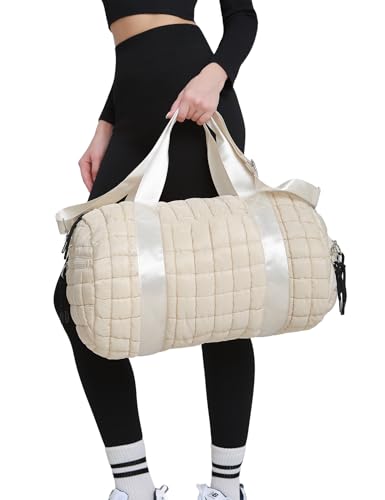Quilted Duffel Gym Bag for Men and Women Carry On Travel Sport Weekender Bag, Off White2