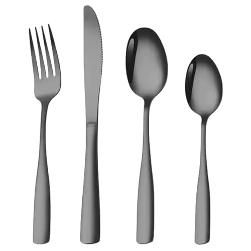 Image of aDai Charcoal Black Silverware Set, Satin Finish | 4-Piece Stainless Steel Flatware Set | Dishwasher Safe Kitchen Cutlery for Home, Restaurant & Gifting