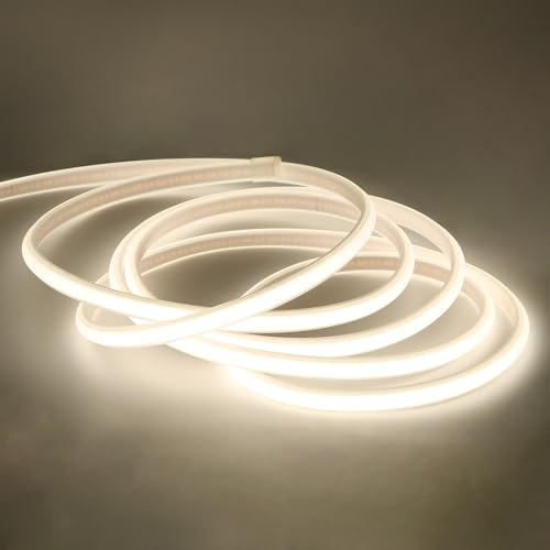 pcningled Outdoor led Strip Lights Waterproof 5m(16.4ft) AC10W 220V 230V 240V 320 LEDs/m IP67 cob Strip Lights with UK Plug 4000K for Living Room, Wardrobe, Kitchen(White, 5M)