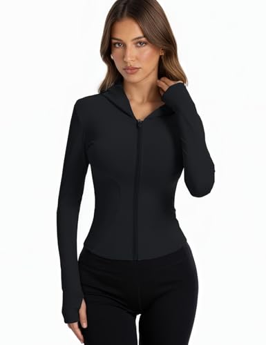 Women Bbl Jackets with Hood Compression Workout Tops Lined or Unlined Lightweight Yoga Gym Jacket with Thumb Hole4