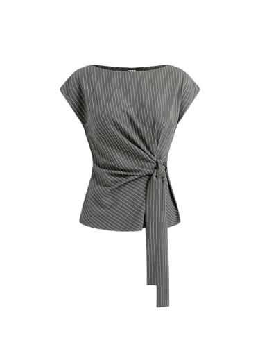 CIDER Women Oversized Top Boat Neck Stripe Knotted Short Sleeve Blouse Summer Shirts