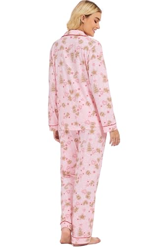 Image of LUBOT Christmas Pajamas for Women 100% Cotton Pajama 2 Piece PJ Set Soft Long Sleeve Button Xmas Print Loungewear XS-XXL