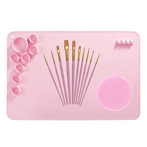 Silicone Mats for Crafts Place Mats for Resin Mold Casting Crafting Mats with Paint Palette and Brush Holder for Painting Clay DIY Arts Play Dough Free Painting Brush Set and Cleaner Tool (Pink)