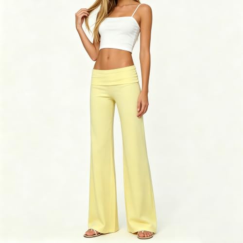 Image of Lounge Yoga Pants for Women Fold Over Low Waist Wide Leg Bell Bottoms | Y2K Foldover Pants, Flare Leggings, Low Rise Yoga Sweatpants