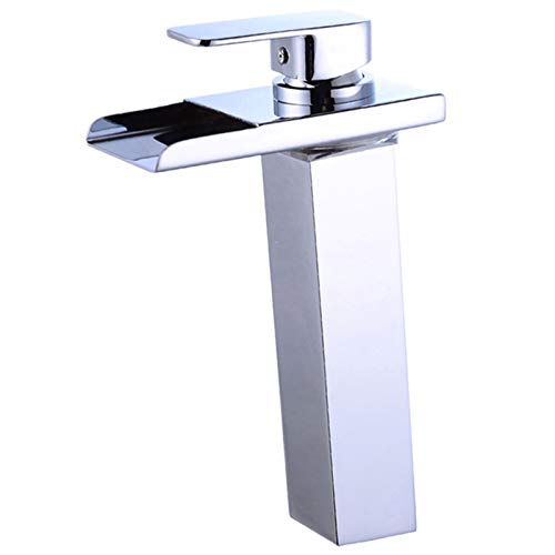 Wovier Chrome LED Waterfall Spout Bathroom Sink Faucet with Supply Hose,Single Handle Single Hole Vessel Lavatory Faucet,Slanted Body Basin Mixer Tap Tall Body Commercial