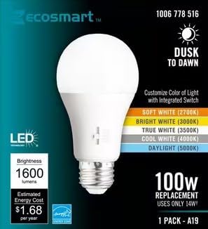 Generic New EcoSmart 100W Equivalent Dusk-to-Dawn 2700K, 3000K, 3500K, 4000K, 5000K Selectable A19 Dimmable LED Bulb (1-Pack), White, 1006 778 570