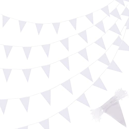 Image of Preboun 400 ft Solid Pennant Banner Flags 240 Pcs String Hanging DIY Triangle Bunting Bulk Garland for Grand Opening Carnival Birthday Party Decoration Outdoor(White)
