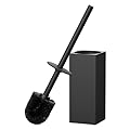 FORIOUS Toilet Brush and Holder Set, Heavy Duty 304 Stainless Steel Base Square and Long Handle for Bathroom Deep Cleaning, Drip-Proof, Space Saving for Storage, 2 Toilet Bowl Brush Head, Black